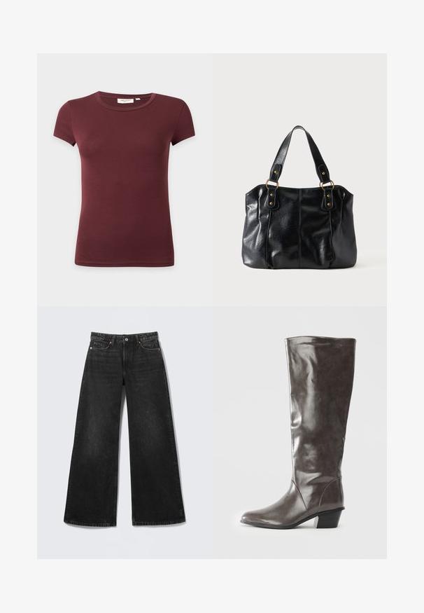 T-shirt bordeaux ajusté à manches courtes avec col rond présenté sur un fond uni.; Jean noir à jambes larges avec cinq poches et fermeture par bouton, présenté à plat sur un fond clair.; Bottine en cuir gris foncé pour femmes grandes, avec un talon moyen et un bout arrondi, vue de côté sur fond blanc.; Sac à épaule en cuir noir avec double anses attachées par des anneaux et rivets dorés, surface lisse et légèrement brillante, design simple.