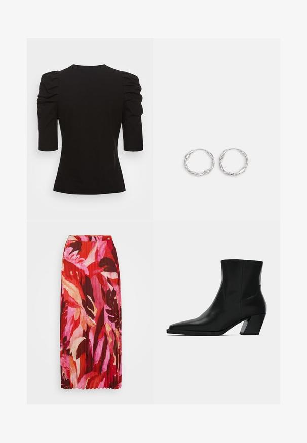Vero Moda Tall VMEGAMAXI - T-shirts basic - black; Plisseret maxinederdragt med et livligt blomstermotiv i nuancer af rød, pink og creme; lavet af letvægtsstof med elastisk talje.; Sortlæder ankelstøvle med spids tå, en slank silhuet og en kraftig firkantet hæl. Glat tekstur med minimale stikninger.; Sølv hoops med en bølget, uregelmæssig tekstur. Har en tynd, cirkulær form og en reflekterende finish.