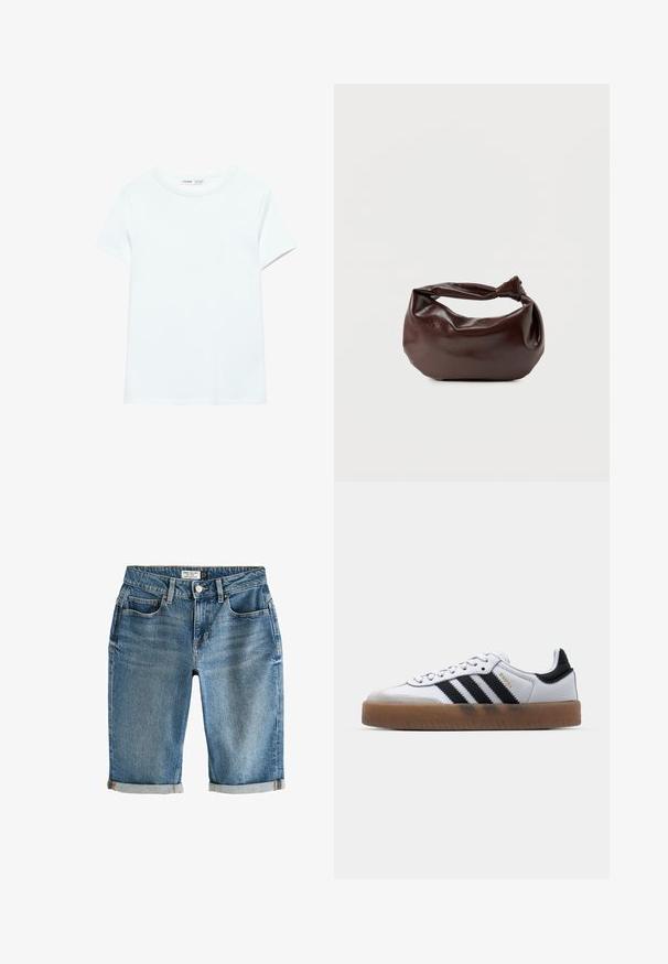 Ensfarvet hvid kortærmet bomuldst-shirt med rund hals, vist fladt på hvid baggrund, uden synlige mønstre eller logoer.; Blå denim knæ-lange shorts med en opsmøgning, fem lommer og lukning med metalknap. Stof har et let falmet udseende.; Hvide lædersneakers med sorte striber, gummirubber sål, rund tå, snørelukning og blød grå ruskinds tåhætte.; Mørkebrun læder skuldertaske med en blød, afslappet form og et snoet knudehåndtag på en ensartet hvid baggrund.