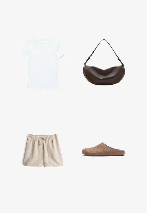 Schlichtes weißes Baumwoll-T-Shirt mit kurzen Ärmeln und Rundhalsausschnitt, flach auf weißem Hintergrund dargestellt, ohne sichtbare Muster oder Logos.; Beige Shorts mit elastischem Bund und Kordelzug, aus strukturiertem Stoff mit zwei Fronttaschen. Mittlere Oberschenkel-Länge.; Brauner Wildleder-Slipper mit geschlossenem rundem Zeh und flacher, strukturierter Sohle, von der Seite auf weißem Hintergrund fotografiert.; Dunkelbraune Leder-Schultertasche mit geschwungener Form, verstellbarem Riemen und goldenem Reißverschluss entlang des unteren Randes.