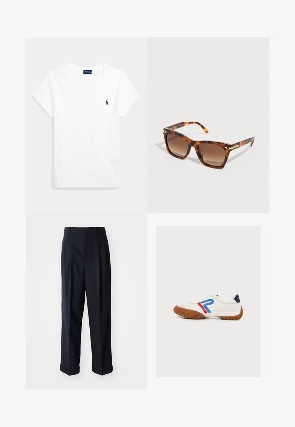 Biele tričko s krátkym rukávom a výstrihom do V s malým tmavomodrým logom Polo Ralph Lauren na ľavej strane hrudníka.; Námořnické vysoké kalhoty z hladké látky. Obsahují sklady a ohrnuté manžety pro upravený vzhled.; Biela teniska s hnedou podrážkou, so modrými a červenými pruhmi a slovom "Polo" na boku, a tmavomodrou pätovou záložkou.; Slnečné okuliare s motívom korytnačky so štvorcovými rámami, hnedými šošovkami s prechodovým efektom, zlatými detailmi na straniciach a hladkým plastovým povrchom.