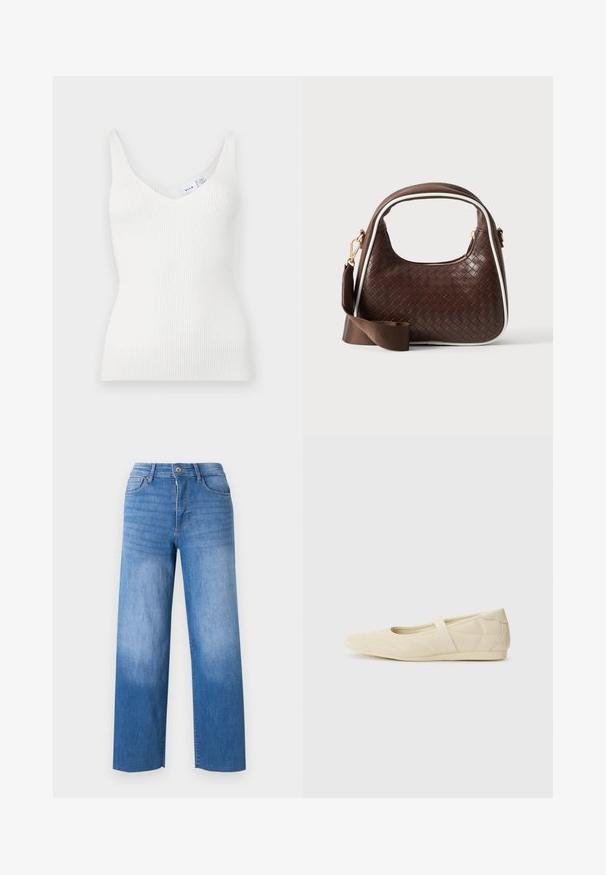 Top de tirantes finos de color blanco con canalé y escote en V, con una forma ajustada. Fabricado con un material suave, presenta una pequeña etiqueta cosida en el cuello.; Jeans de denim azul claro con corte de pierna ancha, que cuentan con cinco bolsillos, cremallera y un ligero desgaste en los muslos. Bordes con acabado limpio.; Bailarinas beige con un exterior de cuero liso, punta en forma de almendra y una correa elástica en el empeine, con detalles de costura sutiles.; Bolso de mano de piel trenzada marrón con ribete blanco, cremallera dorada y correa de hombro de tela marrón desmontable.
