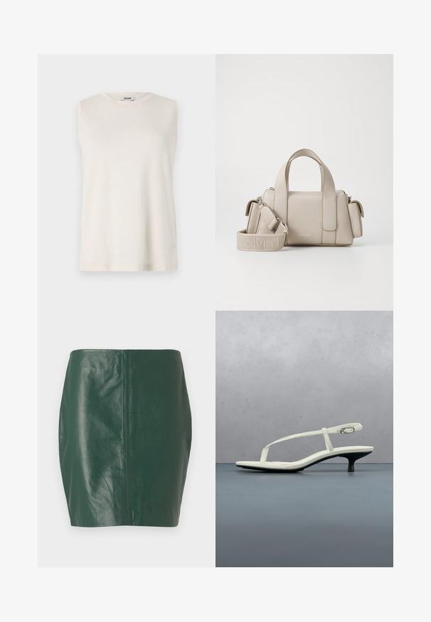 Top sin mangas de tejido beige claro, con cuello redondo y un corte relajado. Textura suave sin adornos ni patrones.; Minifalda de cuero verde con una textura suave y forma ajustada. Presenta un diseño sin costuras y sin cierres o herrajes visibles.; Sandalia blanca de tacón kitten con tiras y punta afilada, flotando sobre un suelo de baldosas de madera al aire libre, con un fondo desenfocado de plantas y pared.; Bolso beige con diseño estructurado, hecho de material sintético. Cuenta con dos asas superiores, una correa para el hombro desmontable y un bolsillo con cremallera.