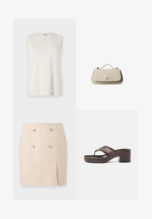 Mouwloos topje van lichtbeige stof, met een ronde halslijn en een comfortabele pasvorm. Soepele textuur zonder versieringen of patronen.; Beige textured rok met een geweven patroon, voorzien van twee opvallende zilveren knopen aan de voorkant en een licht asymmetrische zoom.; Bruine sandaal met hak, voorzien van een mesh bandje en teenslipperontwerp, met blokhak en gestikte zool, zijaanzicht op witte achtergrond.; Kleine beige leren handtas met bovenhandvat en zilveren CK-logo op de voorflap, getoond tegen een witte achtergrond.
