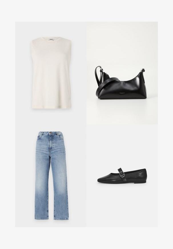 Ärmelloses Oberteil aus leicht beigem Stoff, mit rundem Ausschnitt und entspannter Passform. Glatte Textur ohne Verzierungen oder Muster.; Hellblaue hoch-taillierte Jeans mit geradem Bein, ausgestattet mit einem sichtbaren Knopfverschluss und minimaler Ausbleichung für einen sauberen Look.; Schwarzer Lederflatschuh mit runder Zehenform, einem verstellbaren Schnallenriemen und einer glatten, glänzenden Oberfläche. Minimalistisches Design mit einem niedrigen Absatz.; Schwarze lederne Handtasche mit glatter Textur. Verfügt über einen verstellbaren Riemen und ein elegantes, minimalistisches Design mit einem Reißverschluss.