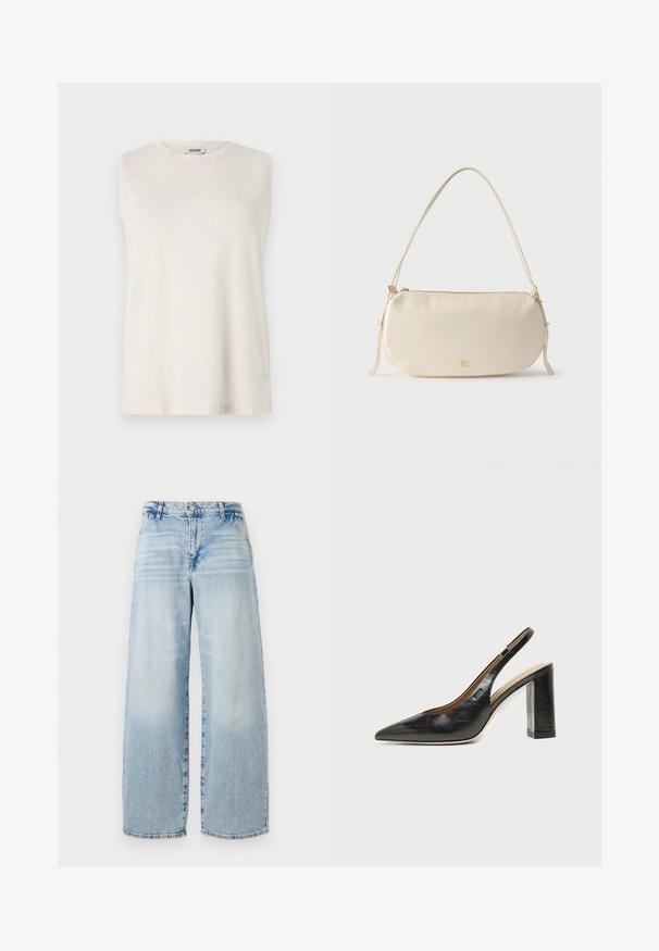 Ärmelloses Oberteil aus leicht beigem Stoff, mit rundem Ausschnitt und entspannter Passform. Glatte Textur ohne Verzierungen oder Muster.; Hellblaues Denim-Hose mit weitem Bein, hoher Taille, subtilen Used-Effekten, rohem Saum und klassischem Fünf-Taschen-Design.; Schwarzer Leder-Slingback-Schuh mit spitzer Kappe, hohem Blockabsatz und beigegefüttertem Innenraum vor hellem, einfarbigem Hintergrund.; Klein cremefarbene Schultertasche mit einem einzelnen Riemen, Reißverschluss und dezentem goldfarbenem Markenlogo auf der Vorderseite.