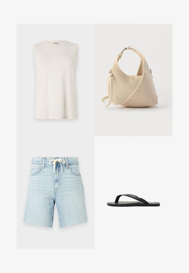 Top sans manches en tissu beige clair, avec un col rond et une coupe décontractée. Texture lisse sans embellissements ni motifs.; Shorts en denim bleu clair avec taille à cordon, ourlet légèrement effiloché et cinq poches. Présente une texture décolorée et des accents de rivets en cuivre.; Tongs noires avec une semelle plate, une semelle intérieure texturée noire, des sangles lisses et un petit accent doré près du séparateur de orteils.; Sac à main beige en forme de croissant avec textures de tissus mélangées, poignée courte et bandoulière amovible, sur fond clair.