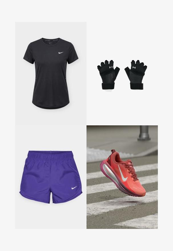 Zwart Nike hardloopshirt met korte mouwen, wit Swoosh-logo op de borst, ronde halslijn en licht gebogen zoom.; Paarse sportshorts van gladde stof, met een elastische tailleband en een wit Nike-logo aan de onderkant aan de rechterkant.; Rode en paarse Nike hardloopschoen zwevend boven een betegeld zebrapad, met de nadruk op de ZoomX-geveerde zool en het witte swoosh-logo.; Zwarte traininghandschoenen met een open vingerontwerp, versterkte stiksels, een gevoerde palm en verstelbare polsbanden. Voorzien van een zilveren logo-accent.