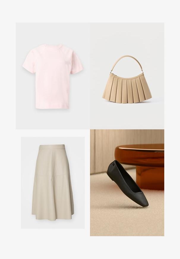 Lichtroze T-shirt met korte mouwen en ronde hals met raglanmouwen, weergegeven tegen een effen grijze achtergrond.; Beige A-lijn midi-rok met zichtbare naaddetails en een aansluitende tailleband, gemaakt van glad leerachtig materiaal.; Zwarte platte schoen met puntige neus, rustend op een beige tapijt naast een ronde amberkleurige tafel in een minimalistische kamer.; Beige plissé handtas met een gebogen bovenrits en een enkele boogvormige handgreep, weergegeven op een witte achtergrond.