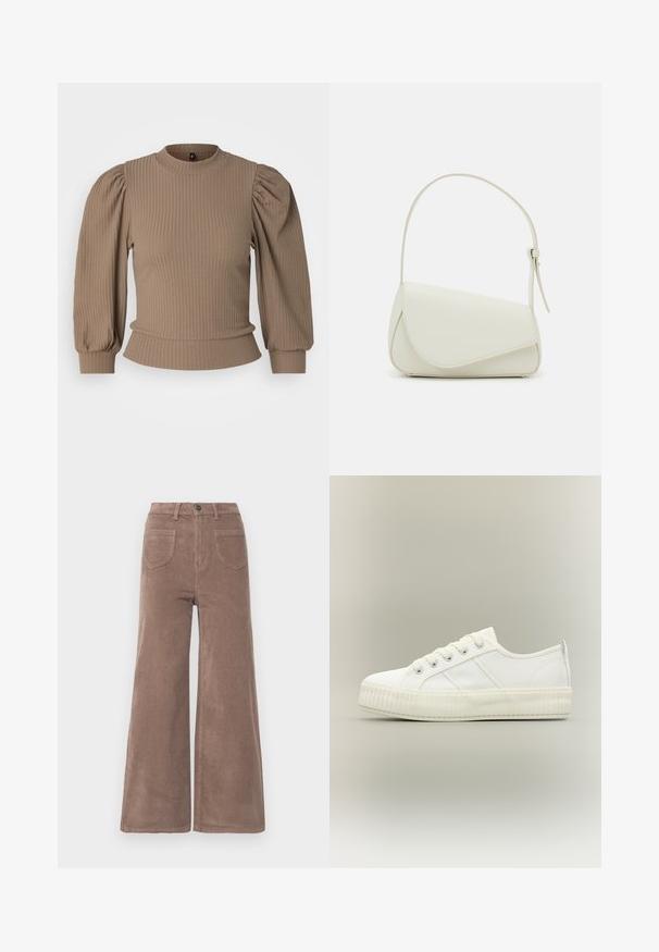 Pull-over marron à côtes avec de longues manches bouffantes, une taille cintrée et un col rond. Texture douce avec des lignes verticales sur l'ensemble.; Pantalons large en velours côtelé marron avec taille haute, dotés d'une fermeture à bouton, de deux poches arrière et d'une texture rayée verticale.; Baskets basses blanches avec semelle épaisse côtelée, lacets à l'avant et languette à l'arrière sur fond neutre.; Sac à main en cuir synthétique blanc avec une forme triangulaire structurée, une bandoulière unique réglable et un rabat à courbes accentuées.