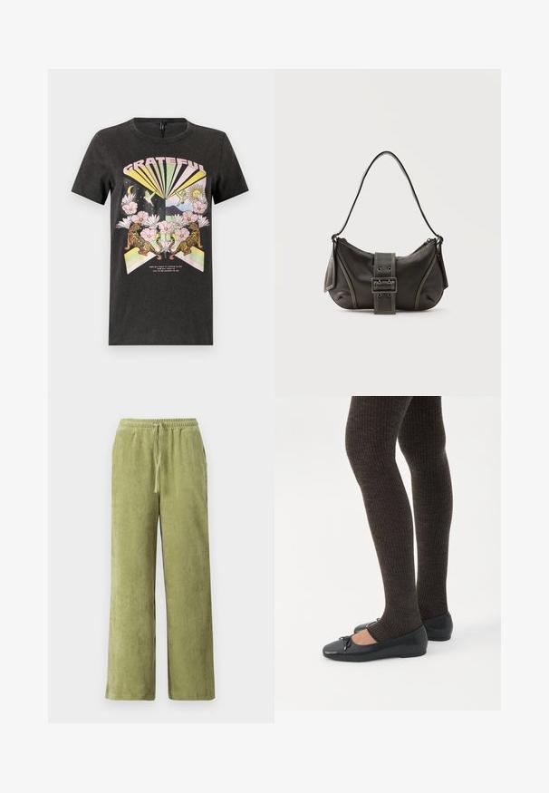 Camiseta de algodón negra con un gráfico colorido que incluye tigres, flores y formas geométricas. El texto "AGRADECIDO" está destacado de manera prominente.; Pantalones de pana verde con un diseño de pierna ancha, cinturilla elástica y detalle de cordón. Las líneas verticales en la tela crean textura.; Piernas con leggings oscuros acanalados combinados con bailarinas negras que presentan pequeños detalles de lazo sobre un fondo blanco.; Bolso de hombro de cuero negro con detalle de correa con hebilla, bordes curvos y costuras blancas en contraste sobre un fondo liso.