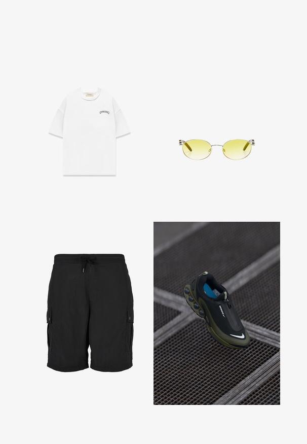 Hvid struktureret T-shirt med korte ærmer og rund hals med lille sort "RETERNITY ATELIER" logo på venstre bryst.; Sorte cargoshorts med elastisk talje, justerbar snøre og knaplukning på sidelommerne.; Sort og oliven Nike Air Max sko med en glat overflade, lynlåslukning og karakteristiske luftdæmpningspuder i sålen. Blå indersål synlig.; Ovale solbriller med gultonet glas, tynde sølvfarvede metalrammer og næsepuder på hvid baggrund.
