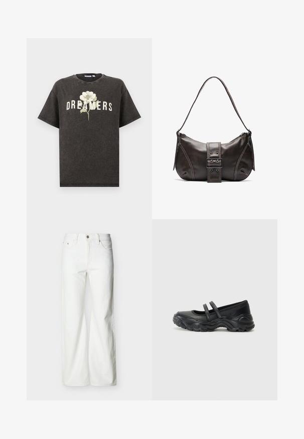 Zwart T-shirt met korte mouwen, met een witte bloemafbeelding en het woord "DREAMERS" gedrukt over de borst.; Witte jeans met rechte pijpen en hoge taille, voorzien van een knoopsluiting aan de voorkant, rits, en zij- en achterzakken, tegen een effen lichte achtergrond.; Zwarte leren mary jane flats met twee verstelbare straps, een ronde neus en een gestructureerde rubberen zool voor extra grip.; Bruine leren schoudertas met een gebogen vorm, voorzien van een opvallende gespdetail, contrasterende stiksels en een enkele schouderband.