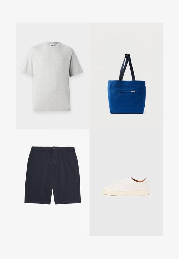T-shirt gris à manches courtes en tissu doux. Il présente un col rond, une coupe décontractée, et ne comporte ni motifs ni logos. Texture lisse sur l'ensemble.; Shorts décontractés pour hommes de couleur bleu marine, avec fermeture à bouton, passants pour ceinture et poches latérales, posés à plat sur un fond blanc.; Baskets blanches basses avec un design à lacets, des détails de couture minimalistes, et une semelle couleur crème sur un fond gris clair.; Sac fourre-tout en toile bleue avec une poche zippée à l'avant, des doubles bretelles et une forme rectangulaire. Dispose d'une étiquette de marque discrète.