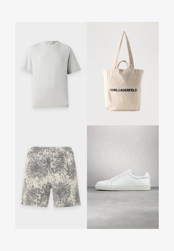 Grå kortærmet t-shirt lavet af blødt stof. Har rund hals, afslappet pasform og ingen mønstre eller logoer. Glat tekstur hele vejen igennem.; Strikshorts i creme og sort med et struktureret, abstrakt mønster. Elastisk talje for komfort og nem påklædning.; Hvide sneakers med en glat læderoverdel og lav profil. Har en rund tå, seks snørehuller og en tekstureret gummisål.; Beige lærredsnettaske med lange og korte håndtag, med teksten "KARL LAGERFELD" trykt i store sorte bogstaver på forsiden.