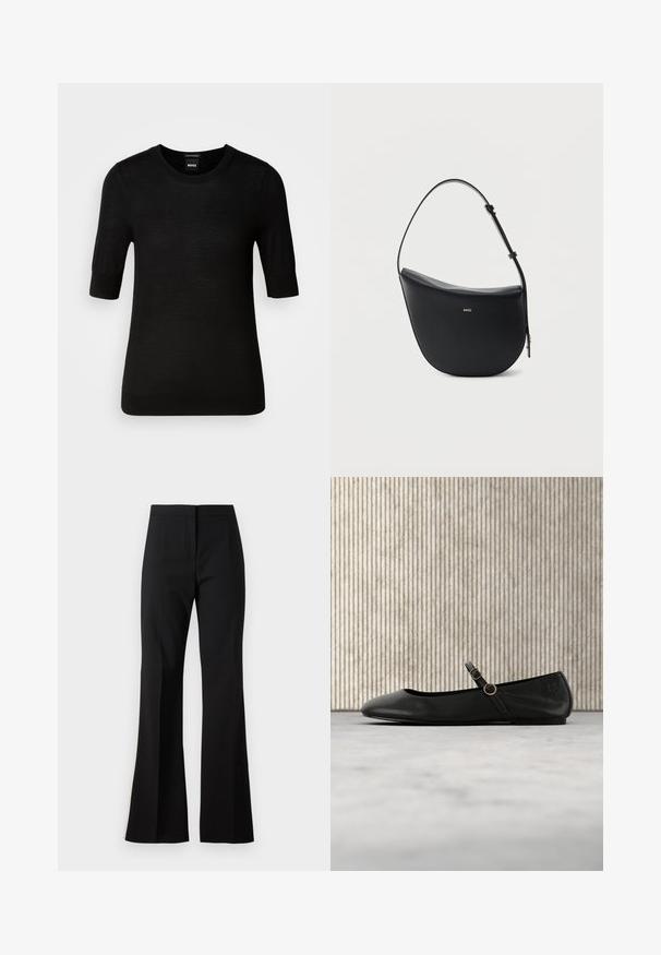Suéter negro de manga corta hecho de fina lana merina. Cuello redondo, corte ajustado, textura suave, diseño minimalista, sin patrones o acentos visibles.; Pantalones de campana negros hechos de una tela suave, con cintura alta, pliegues delanteros y un acabado limpio en los bajos.; Bailarina de cuero negro con punta redonda, con una fina correa y herrajes circulares dorados. Textura suave y diseño minimalista.; Bolso de hombro de cuero negro en forma de media luna, con correa ajustable y logo dorado "BOSS" centrado en el frente.