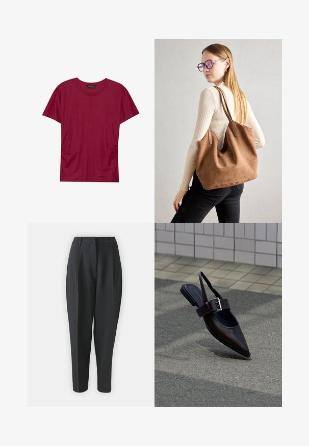T-shirt bordeaux à manches courtes avec un col rond, présentant des coutures latérales froncées et une texture lisse. Fabriqué en tissu léger et doux.; Pantalons noirs ajustés avec taille haute, plis et jambe fuselée. Tissu lisse sans motifs ni ornements visibles.; Chaussure plate à bout pointu marron foncé avec bride arrière, large sangle et grande boucle argentée sur l'asphalte près d'un mur carrelé.; Sac fourre-tout en daim marron avec une texture douce, grande ouverture et longues sangles. Présente un design simple avec des coutures visibles et sans matériel.
