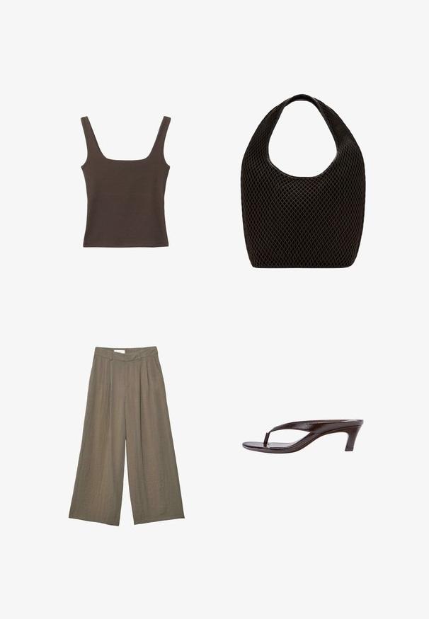 Haut sans manches marron avec un décolleté carré, fabriqué à partir d'un tissu doux et extensible. Présente un design ajusté et des coutures plates.; Pantalon large couleur taupe avec plis, passants de ceinture, poches latérales et taille haute, présenté sur fond blanc.; Sandale en cuir verni marron foncé avec bride en tongs, petit talon kitten et semelle incurvée, vue latérale sur fond blanc.; Sac cabas noir en maille à tissage ouvert avec poignée supérieure arrondie et corps large et incurvé.