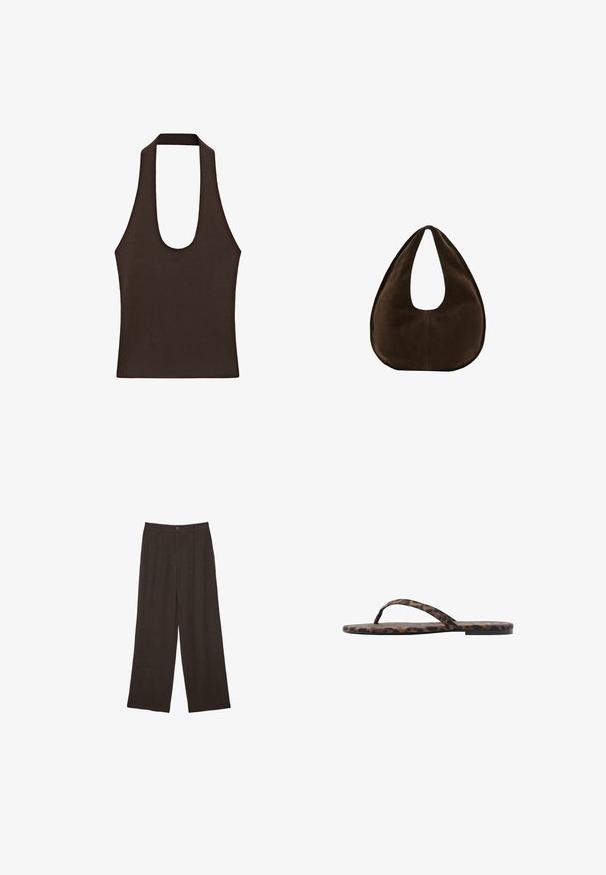 Dunkelbraunes ärmelloses Neckholder-Top mit breiten Trägern und tiefem Rundhalsausschnitt aus geripptem Strickstoff.; Dunkelbraune, weit geschnittene Hose mit hoher Taille, Knopfverschluss und Gürtelschlaufen, vor weißem Hintergrund präsentiert.; Leopardenmuster Flip-Flopsandalen mit flacher Sohle, dünnen Riemen und glatter Textur. Sie verfügen über auffällige schwarze und braune Muster auf dem Material.; Dunkelbraune Wildleder-Handtasche in Halbmondform mit einem breiten Riemen und glatter Textur vor weißem Hintergrund.