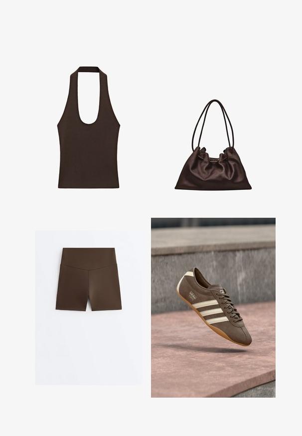 Donkerbruine mouwloze haltertop met brede bandjes en een diepe ronde hals, gemaakt van geribbelde gebreide stof.; Bruine, hooggetailleerde, nauwsluitende sportshorts met een V-vormig naaddetail bij de tailleband, weergegeven op een witte achtergrond.; Bruine suède sneaker met witte strepen en merklogo's, voorzien van een ronde neus en een zool van tandgumrubber, zwevend boven een getextureerd oppervlak.; Zachte donkerbruine leren handtas met een slungelige vorm en twee dunne schouderbandjes tegen een witte achtergrond.