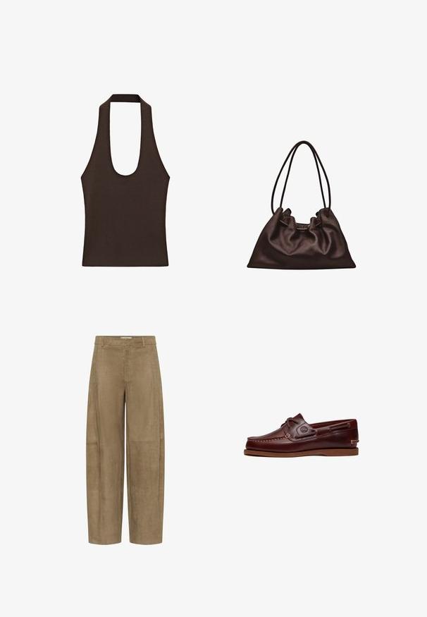 Dark brown sleeveless halter top with wide straps and a deep scoop neckline made of ribbed knit fabric.; Beige high-waist wide-leg pants with subtle crocodile texture, belt loops, front zipper, and button closure.; Brown leather boat shoe with laces, stitching detail, and Timberland logo on the side, displayed on a white background.; Soft dark brown leather handbag with a slouchy shape and two thin shoulder straps against a white background.