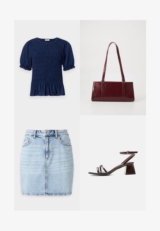 Blusa de manga corta azul marino con fruncido recogido en la parte delantera y mangas abullonadas que terminan en volantes elásticos.; Minifalda vaquera azul claro con botón delantero, trabillas, dos bolsillos frontales y costura vertical visible en el centro.; Sandalia de charol marrón oscuro con tacón bloque, tira en el tobillo con hebilla y dos tiras finas sobre los dedos, sobre fondo blanco.; Bolso burdeos hecho de material brillante, de forma rectangular, con dos asas para el hombro y sutiles acentos curvados en la parte frontal.