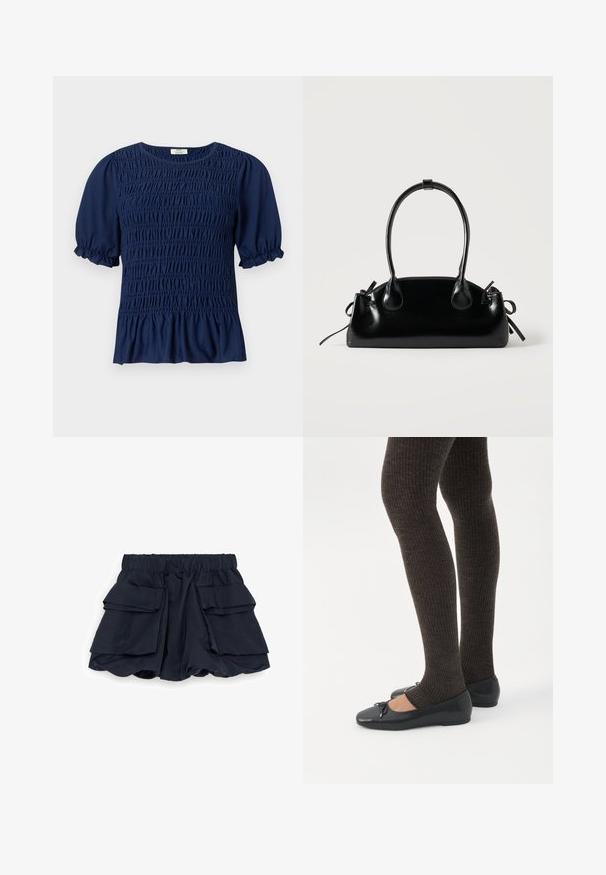 Blouse bleu marine à manches courtes avec fronces à l'avant et manches bouffantes terminées par des volants élastiques.; Shorts bleu marine avec une large ceinture élastique et de grandes poches cargo de chaque côté, présentant un design ample et légèrement bouffant.; Jambes portant des leggings côtelés foncés associés à des ballerines noires avec de petits détails en nœud sur fond blanc.; Petit sac à main noir brillant avec deux longues anses et des détails à cordon sur les côtés sur un fond clair uni.