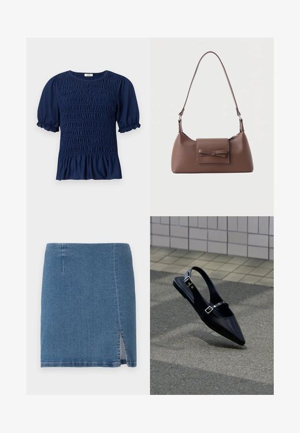 Blusa de manga corta azul marino con fruncido recogido en la parte delantera y mangas abullonadas que terminan en volantes elásticos.; Mini falda de mezclilla en azul medio, con un corte recto, ligero abertura lateral y costuras limpias a lo largo del dobladillo y las costuras.; Zapato plano negro de punta puntiaguda con tiras de doble hebilla y talón descubierto, descansando sobre asfalto gris cerca de una pared con azulejos.; Bolso bandolera de cuero marrón con un bolsillo frontal de solapa que presenta un detalle de moño cosido y una correa ajustable.