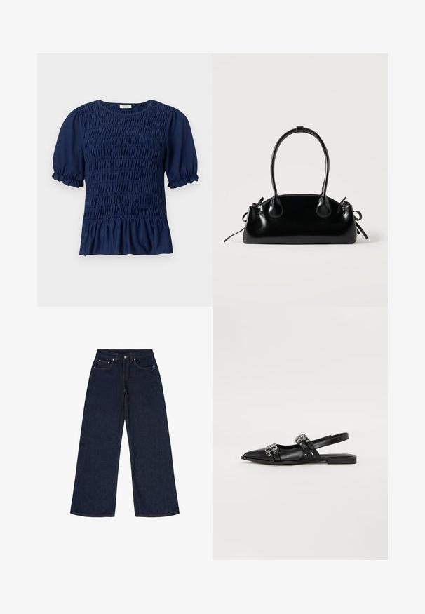 Marineblaue Kurzarmbluse mit gerafftem Shirring vorne und aufgeblasenen Ärmeln, die in elastischen Rüschen enden.; Dunkelblaue, weit geschnittene Jeans aus Denim. Zu den Merkmalen gehören fünf Taschen, Gürtelschlaufen und kontrastierende orangefarbene Nähte. Keine Muster oder Verzierungen.; Even&Odd by Zalando Sling-Ballerina - black; Kleine schwarze glänzende Handtasche mit zwei langen Griffen und seitlichen Kordelzug-Details vor einfachem hellem Hintergrund.