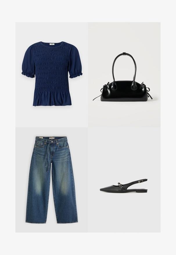 Blusa de manga corta azul marino con fruncido recogido en la parte delantera y mangas abullonadas que terminan en volantes elásticos.; Jeans de mezclilla de pierna ancha en azul oscuro con un diseño desgastado, que presentan una cinturilla con cordón y un estilo de cinco bolsillos.; Zapatos slingback de cuero negro con punta afilada, que cuentan con una correa estrecha y un detalle de hebilla plateada en el lateral. Suela plana.; Pequeño bolso negro brillante con dos asas largas y detalles de cordón lateral sobre un fondo claro liso.