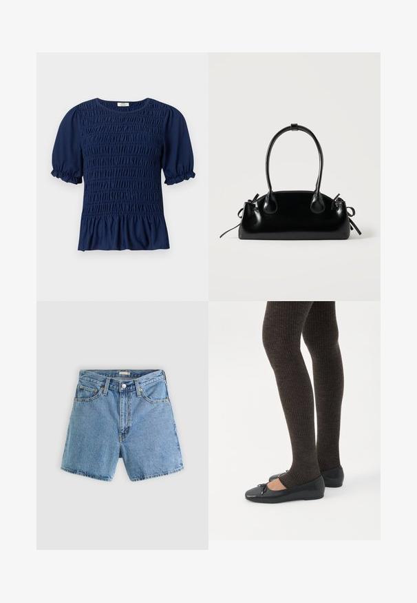 Marineblå kortærmet bluse med rynket smug på fronten og puffede ærmer, der ender i elastiske flæser.; Lyseblå cowboyshorts med forreste knap og lynlås, bæltestropper og fem-lommer design mod en ensfarvet baggrund.; Ben iført mørke ribbede leggings kombineret med sorte balletsko med små sløjfedetaljer på hvid baggrund.; Lille sort blank håndtaske med to lange håndtag og snøre-detaljer i siden på en ensfarvet lys baggrund.