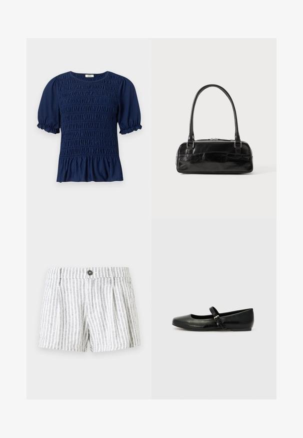 Blusa de manga corta azul marino con fruncido recogido en la parte delantera y mangas abullonadas que terminan en volantes elásticos.; Pantalones cortos a rayas en gris claro y blanco, con cierre de botón, pliegues en la parte frontal y una tela suave y texturizada.; Bailarinas de cuero negro con punta redondeada, suela plana y una delgada correa ajustable en el empeine que cuenta con una hebilla de metal.; Bolso de mano de cuero negro con forma rectangular, equipado con un asa estructurada, herrajes en plata y cierre de cremallera. Textura suave.