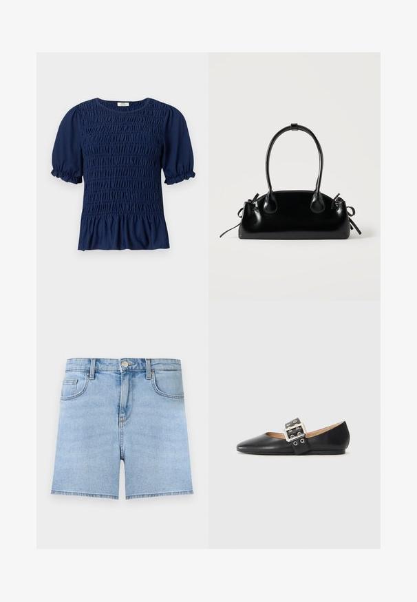 Blouse bleu marine à manches courtes avec fronces à l'avant et manches bouffantes terminées par des volants élastiques.; Short en jean bleu clair avec bouton à l'avant, fermeture éclair, passants de ceinture et design cinq poches sur un fond uni.; Chaussure plate en cuir noir avec un bout pointu et une bride décorative à boucle équipée de ferrures argentées et de petites découpes.; Petit sac à main noir brillant avec deux longues anses et des détails à cordon sur les côtés sur un fond clair uni.