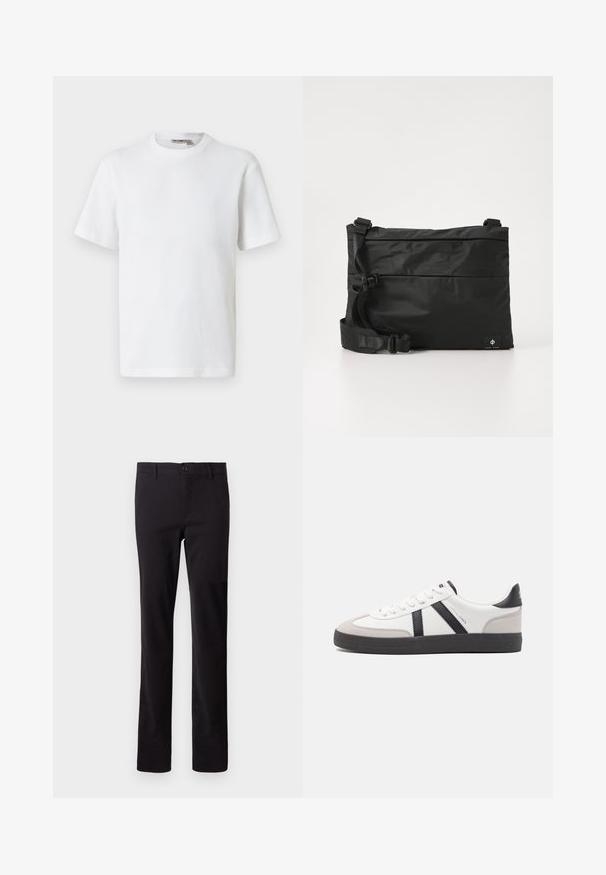 Weißes, kurzärmeliges T-Shirt mit Waffelstrick und Rundhalsausschnitt, mit kleinem Markenetikett im Kragen, auf einfarbigem Hintergrund präsentiert.; Schwarze Hose aus Baumwollmischgewebe; mit geradem Beinschnitt und einem vorderen Knopfverschluss. Keine sichtbaren Muster oder Verzierungen.; Weiße Sneaker mit schwarz- und grau-aczenten, ausgestattet mit einer strukturierten grauen Zehenkappe, schwarzer Gummi-Sohle und flachen weißen Schnürsenkeln. Sauberes Design, minimalistische Stil.; Schwarze Nylon-Umhängetasche mit verstellbarem Riemen, flachem Design und seitlichem Etikett mit Logo. Glatte Textur und minimalistischer Stil.