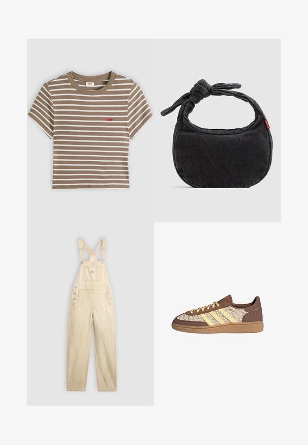Bruin-wit gestreept T-shirt met korte mouwen, een ronde hals en een klein rood Levi's-logo op de linkerborst.; Lichtbeige overall van denim, met een vierkante zak, verstelbare banden, drukknoopsluitingen aan de zijkant en een wijde pijp.; Bruine sport sneaker met geweven tan panelen, gele accenten, drie gele strepen aan de zijkant en een textuurrubberzool.; Kleine zwarte denim schoudertas met een gestrikte riem en ritssluiting, met een rood Levi's stoffen label aan de zijkant.