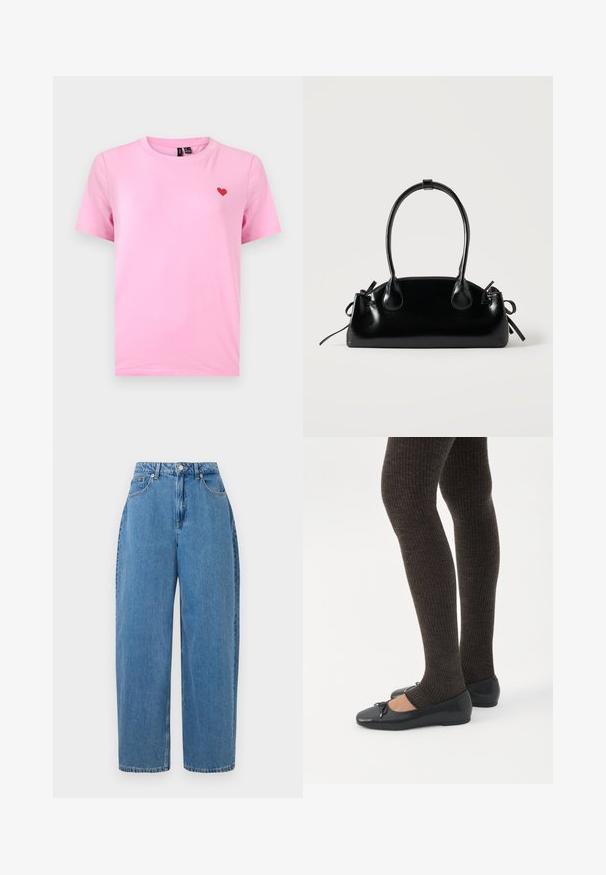 Roze T-shirt met korte mouwen en ronde hals, met een klein rood hartje geborduurd op de linkerborst.; Lichtblauwe denim broek met een recht gesneden fit, hoge taille en voorste knoopsluiting. Heeft vijf zakken en minimale stikdetails.; Benen met donkere geribbelde leggings gecombineerd met zwarte ballerina's met kleine strikdetails op een witte achtergrond.; Kleine zwarte glanzende handtas met twee lange hengsels en zijkant trekkoord details op een effen lichte achtergrond.