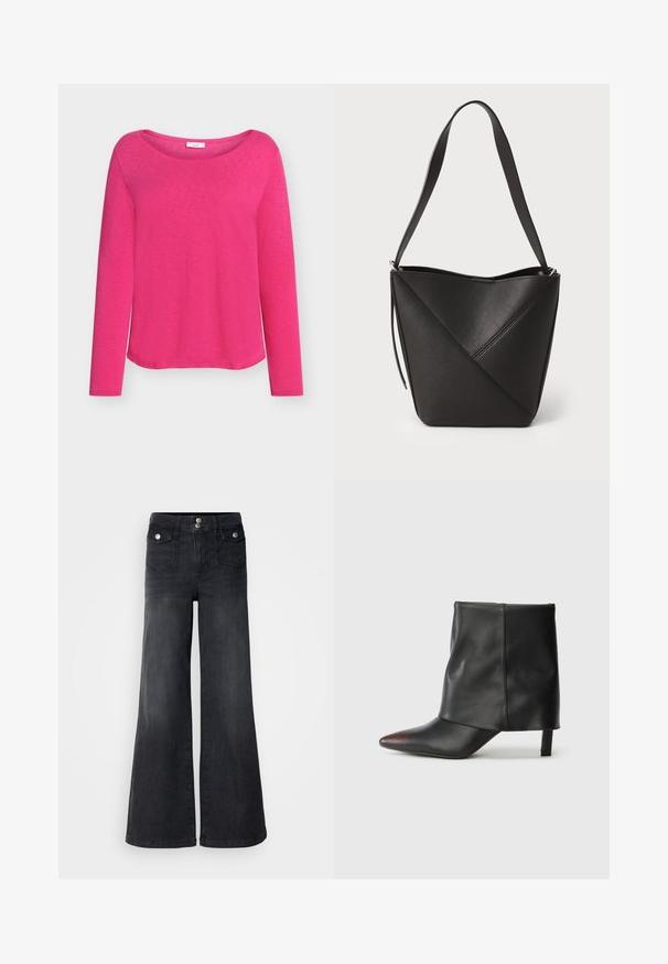 Top de manga larga rosa hecho de tela suave, con un amplio escote barco y un ajuste relajado, con una superficie lisa y ligeramente texturizada.; Pantalones vaqueros de mezclilla negra de pierna ancha con una cintura alta, botones en la parte frontal y dos bolsillos delanteros; textura suave con un ligero acabado desvanecido.; Botín negro de piel lisa con punta afilada y tacón cónico. La parte superior presenta un diseño ligeramente fruncido.; Bolso de cubo de cuero negro con un diseño de costura diagonal, correa para el hombro única y apertura en la parte superior, que muestra una textura suave.