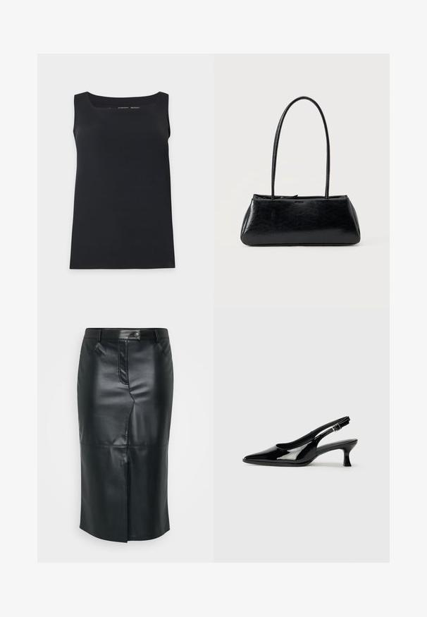 Sort ærmeløs tanktop med firkantet halsudskæring, vist på en enkel lys baggrund.; Sort læder blyantskirt med en mellemlang længde, frontslids, knaplukning og subtile stikninger. Glat, elegant tekstur.; Sorte patenterede slingback-sko med spidse tæer og lav blokhæl. Justerbar spænde-rem ved anklen.; Sort rektangulær skuldertaske med lange tynde stropper og en glat, blank tekstur på en ensfarvet baggrund.