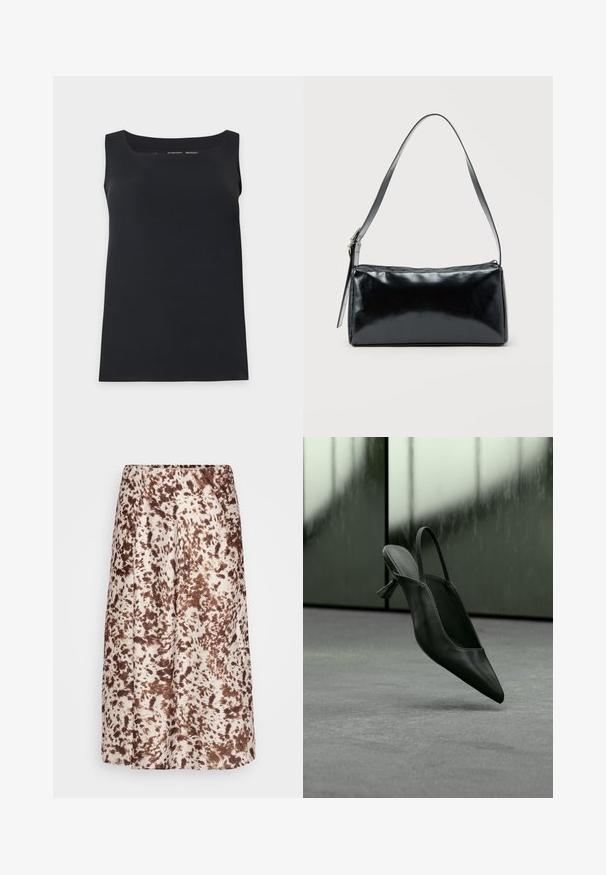 Sort ærmeløs tanktop med firkantet halsudskæring, vist på en enkel lys baggrund.; Midikjole lavet af glat stof, med en cremet bund og brune, sprøjtelignende mønstre. Elastisk linning for komfort.; Sort læder slingback højhælet sko med spids tå svævende over gråt tæppe, sløret grønlig væg i baggrunden.; Sort rektangulær skuldertaske med en enkelt justerbar rem og lynlås i toppen på en ensfarvet baggrund.