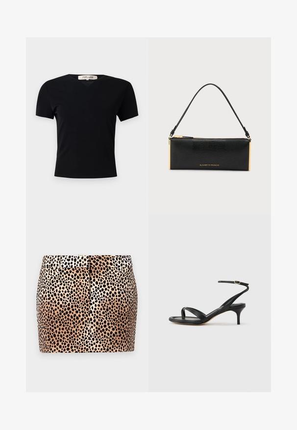 T-shirt noir à manches courtes avec un col en V, fabriqué dans un tissu lisse et extensible. Présente une silhouette simple et classique sans embellissements.; Mini-jupe imprimé léopard avec un fond beige et des taches noires, une coupe ajustée, et une ceinture plate avec passants pour ceinture.; Sandale pour femme en cuir noir avec fines lanières, une boucle d'orteil, une boucle à la cheville et un talon aiguille de hauteur moyenne sur un fond neutre.; Sac à main rectangulaire texturé noir avec une sangle unique, fermeture éclair dorée, accents dorés et logo Elisabetta Franchi sur le devant.