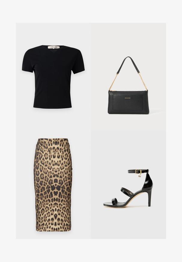 Sort kortærmet t-shirt med V-halsdesign, lavet af et glat, strækbart stof. Har en enkel, klassisk silhuet uden udsmykninger.; Leopardprint blyantnederdel med en tætsiddende design, mellemhøj talje og glat tekstur. Mønsteret består af varierede brune og sorte pletter.; Sorte patenterede lædersandaler med tre stropper, ankelspænde og 10 cm stiletthæl. Har detaljer i guld og et logo charms.; Sort læder clutch med pebble-tekstur, guld kædestrop og en frontlomme. Har et guld logo på forsiden.