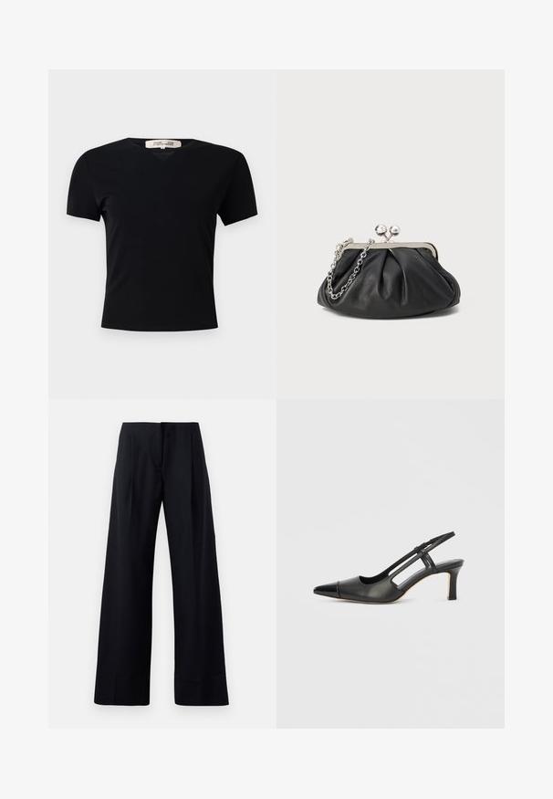 Schwarzes T-Shirt mit kurzen Ärmeln und V-Ausschnitt, aus einem glatten, elastischen Stoff hergestellt. Besitzt eine einfache, klassische Silhouette ohne Verzierungen.; Schwarze, gestreifte Hose mit weitem Bein, die scharfe Falten und einen sauberen Abschluss aufweist. Hergestellt aus einem glatten, leichten Stoff.; Schwarzer Slingback-Schuh aus Leder mit spitz zulaufender Zehenpartie, versehen mit glänzendem Akzent auf der Vorderkappe und mittelhohem Absatz. Offenes Seitendesign.; Schwarze Leder-Clutch mit geraffter Textur, silberfarbener Metallrahmen, Druckverschluss und Kettenriemen. Glatte, weiche Oberfläche.