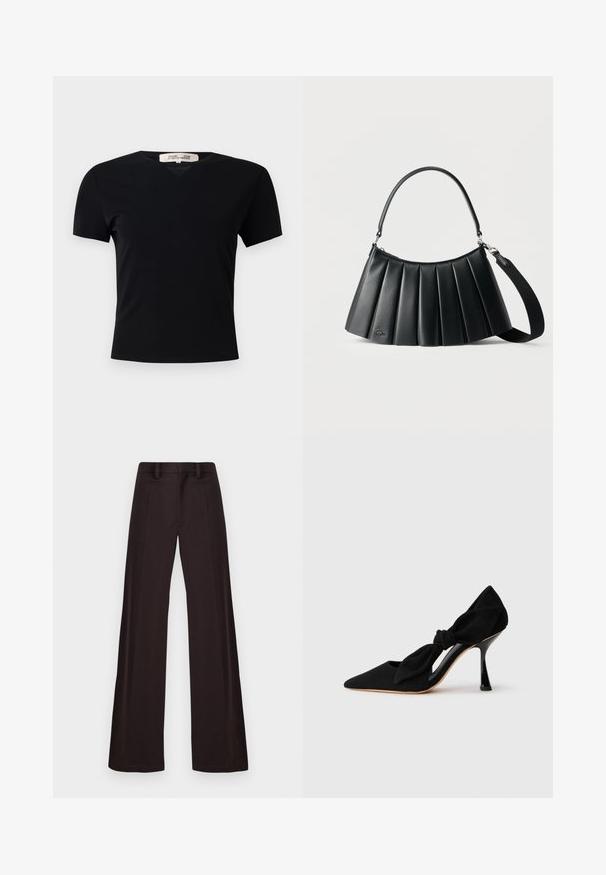 Camiseta negra de manga corta con diseño de cuello en V, fabricada en un tejido liso y elástico. Presenta una silueta simple y clásica sin adornos.; Pantalones de pierna ancha hechos de una tela oscura, con una textura suave, trabillas para cinturón y un plisado frontal, con un diseño limpio y sin adornos.; Zapato de tacón alto de ante negro con punta afilada y un detalle de nudo en el lateral. Presenta un tacón stiletto brillante y un diseño con corte.; Bolso de cuero negro plisado con asa superior y correa de hombro desmontable sobre un fondo claro liso.
