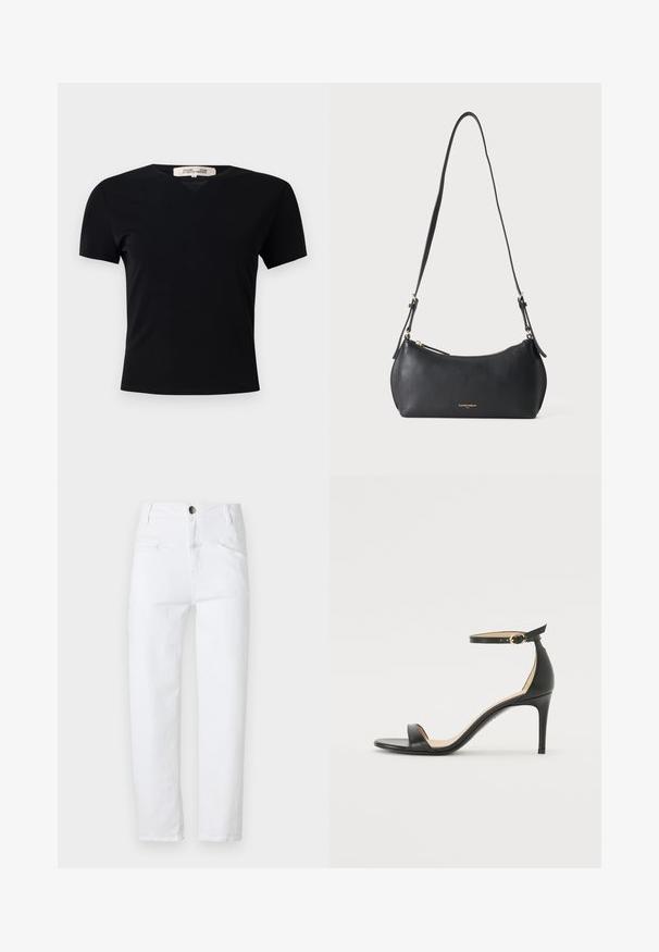 Schwarzes T-Shirt mit kurzen Ärmeln und V-Ausschnitt, aus einem glatten, elastischen Stoff hergestellt. Besitzt eine einfache, klassische Silhouette ohne Verzierungen.; Weiße Jeans mit hoher Taille, geradem Schnitt, zwei vorderen Taschen und einer hinteren Tasche. Verfügt über einen Metallknopf und einen Reißverschluss.; Schwarze Leder-high-heeled Sandale mit Knöchelriemen. Verfügt über eine glatte Textur, offene Zehen und einen dünnen Absatz. Goldfarbener Schnallenakzent.; Kleine schwarze Lederschultertasche mit verstellbarem Riemen und goldenem Reißverschluss, mit dezentem goldenem Markenschriftzug vorne.