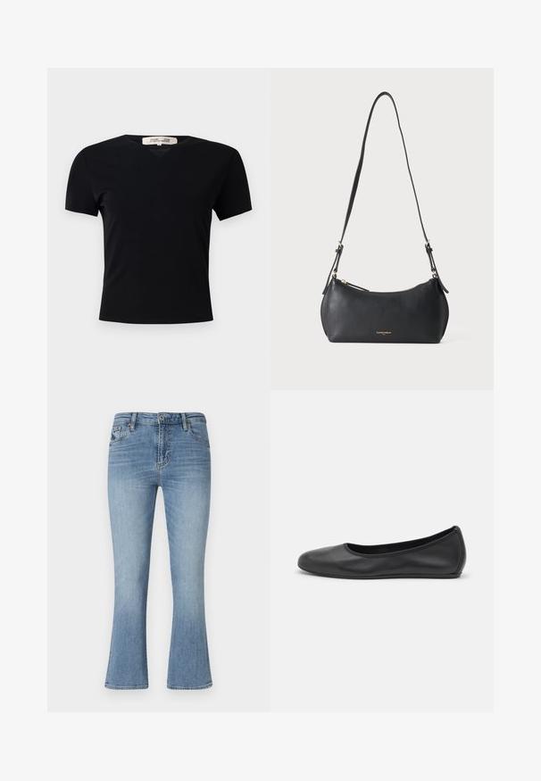 Camiseta negra de manga corta con diseño de cuello en V, fabricada en un tejido liso y elástico. Presenta una silueta simple y clásica sin adornos.; Jeans de campana en azul claro, hechos de mezclilla. Presenta una cintura de media altura, cinco bolsillos y trabillas para cinturón. Detalles de desgaste y costuras visibles.; Bailarina de piel negra con punta redondeada, textura suave, detalle de costura minimalista y diseño de suela flexible.; Pequeña bolsa de cuero negra para el hombro con correa ajustable y cremallera dorada, con texto de marca dorado sutil en la parte delantera.