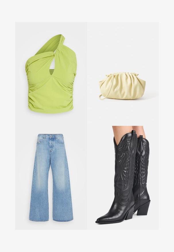 Asymmetrische felgroene top met een gegathered textuur, voorzien van een keyhole uitsnijding en een brede schouderband, gemaakt van zachte, rekbare stof.; Lichtblauwe wijd-uitlopende jeans van denim. Met een klassiek vijf-pocket ontwerp, knoopsluiting en vervaagde delen voor een vintage uitstraling.; Zwarte leren cowboylaarzen met spitse neuzen, decoratieve stiksels en schuine blokhakken gedragen door een persoon.; Geel geplooide handtas van soepel nepleer, met een zachte vorm, een enkele schouderriem en een verzameld ontwerp aan de bovenkant.