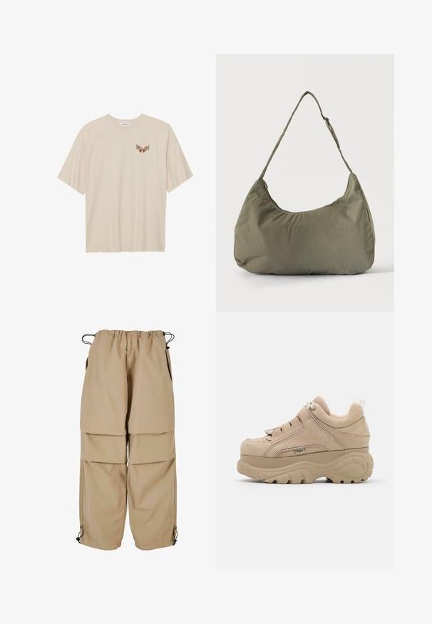 Beige Baumwoll-T-Shirt mit kurzen Ärmeln, versehen mit einem kleinen braunen Grafik von Flügeln und dem Text "SLEEPY CLUB" auf der Brust.; Beige Cargo-Hosen mit elastischem Bund, geschichteter Optik und seitlichen Taschen. Verfügt über verstellbare Bündchen mit Toggle-Verschlüssen für eine anpassbare Passform.; Beige Wildlederschuhe mit einer dicken, strukturierten Sohle und gepolstertem Kragen. Mit runden Schnürsenkeln und einer Markenkennzeichnung an der Seite.; Olivgrüne weiche Stoff-Schultertasche mit Reißverschluss und verstellbarem Tragegurt vor einfarbig hellem Hintergrund.