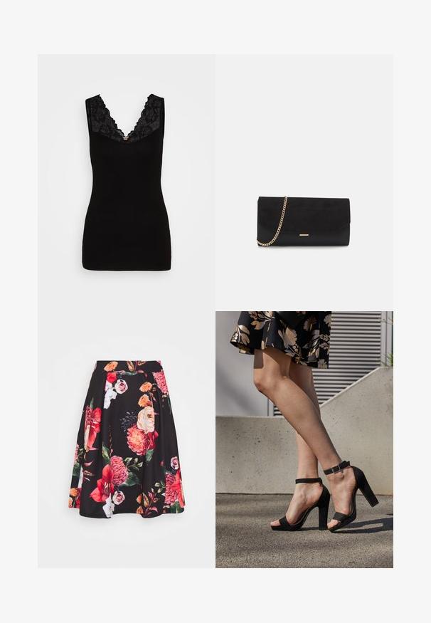 Haut sans manches noir avec un décolleté en V profond orné d'une bordure en dentelle noire, présentant une texture lisse et une silhouette ajustée.; Jupe noire avec imprimé floral comportant des fleurs rouges et roses. Design plissé, tissu doux et taille élastique.; Des sandales à talons hauts en suede noir présentent une bride de cheville avec une boucle, un design à bout ouvert et un talon épais. Texture lisse et style minimaliste.; Porte-monnaie noir en daim avec une finition texturée, doté d'une chaîne dorée et d'un design épuré et angulaire.