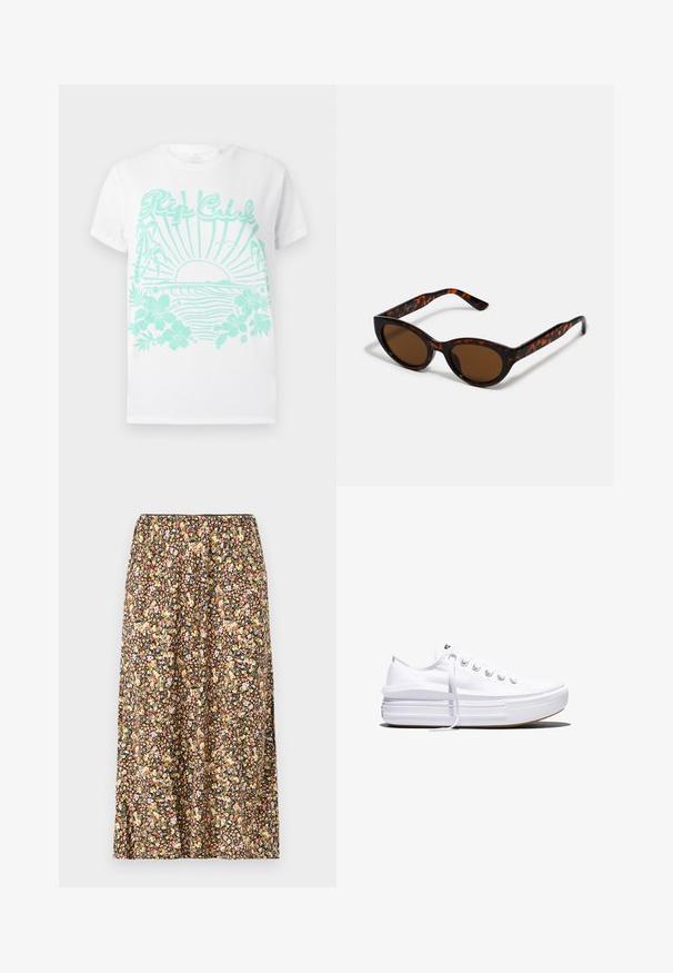 T-shirt blanche à manches courtes avec impression turquoise d'un soleil se couchant sur des vagues océaniques, des palmiers, des fleurs d'hibiscus et le texte "Rip Curl".; Jupe à motif floral sur fond noir, ornée de petites fleurs de couleur rose, jaune et blanche. Taille élastique et longueur à mi-genoux.; Baskets basses blanches en toile avec semelle plateforme épaisse, lacets sur le devant et embout en caoutchouc texturé, vues de profil.; Lunettes de soleil en écaille de tortue marron avec une forme vintage de lunettes cat-eye et des verres marron. Présente des branches courbées avec des accents rouges.