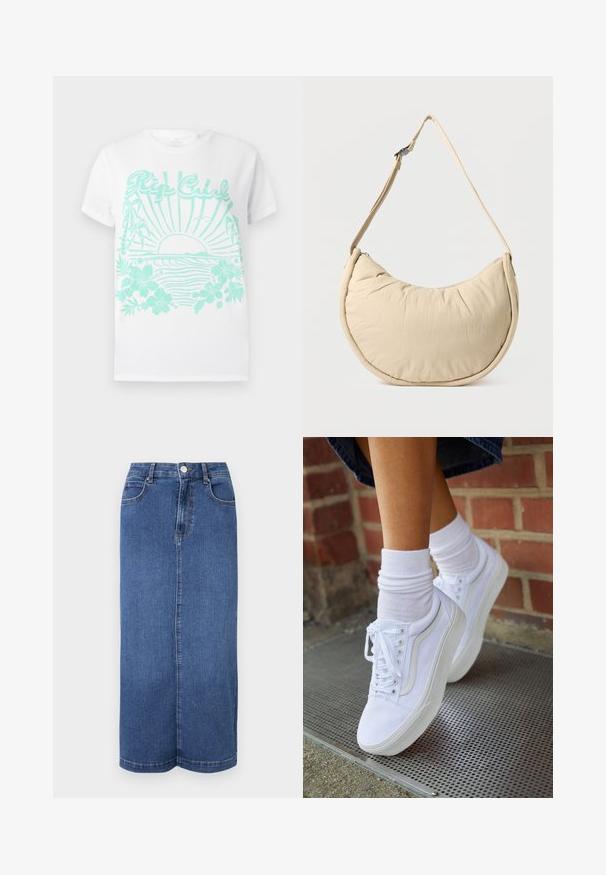 Witte T-shirt met korte mouwen en turquoise print van een zon die ondergaat boven oceaangolven, palmboom, hibiscusbloemen en de tekst "Rip Curl".; Denim maxi rok in donkerblauw, met een rechte snit, een tailleband met knoopsluiting en minimale stikdetails.; Witte canvas sneakers met rubberen zolen, voorzien van zes vetertjes, een ronde neus en lichte stikdetails, gecombineerd met witte enkelsokken.; Beige schoudertas in halve maanvorm met een zachte, gewatteerde textuur. Voorzien van een verstelbare riem en een ritssluiting langs de bovenkant.